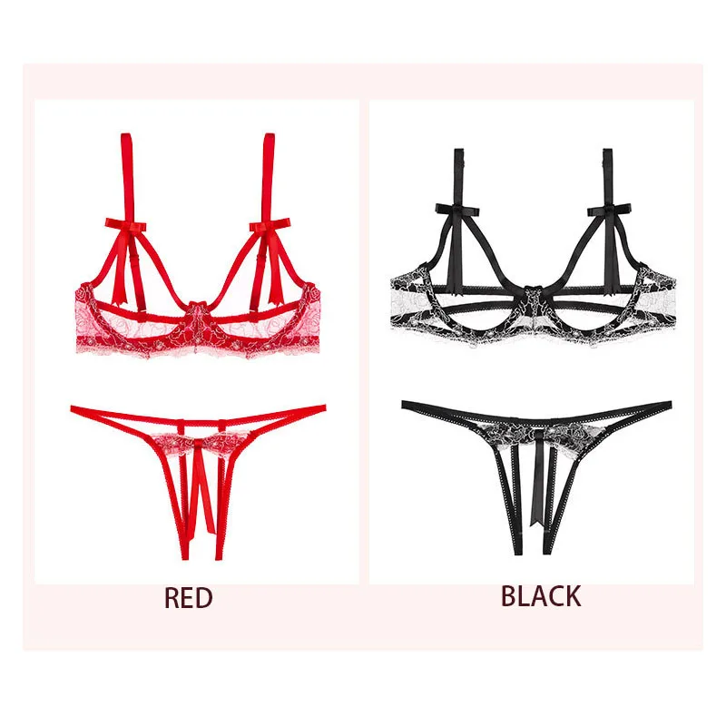 Leechee Lace Embroidered Erotic Lingerie Hollow Perspective Wire Bra Panties Sexy Bow Three-Point Underwear Set For Women