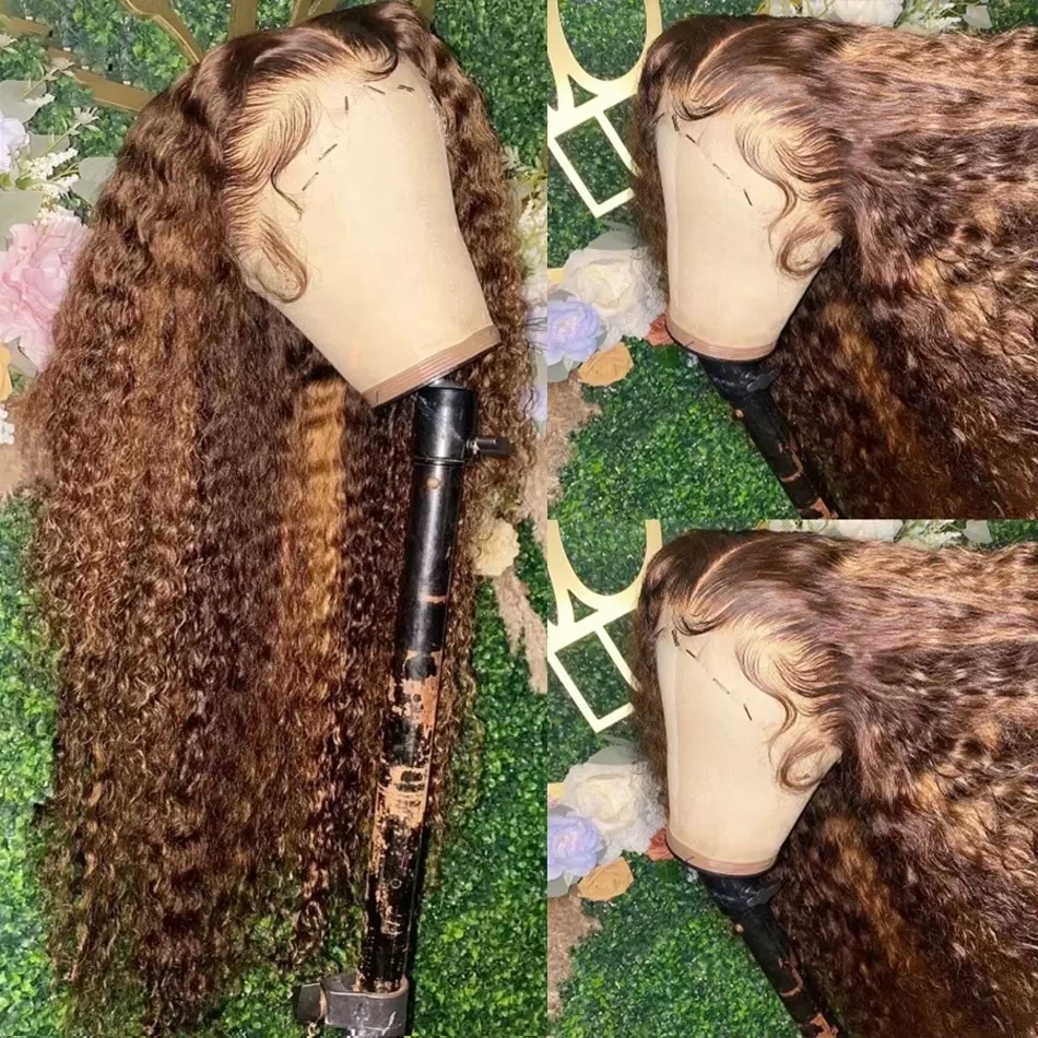 13x4 Highlight Wig Human Hair Honey Blonde Brown Lace Front Wigs Deep Curly Human Hair Wig Water Wave 13x6 HD Lace Frontal Wig