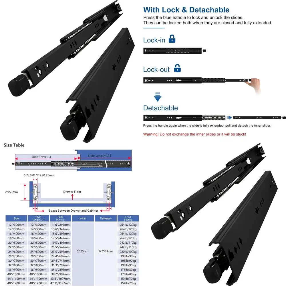 

12 прочных черных съемных удлинителей-слайдеров с 3 креплениями и шарикоподшипниковым замком