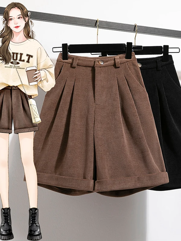 Corduroy Straight Leg Five-Point Pants Autumn Winter Brown Spicy Girl Style Women's Casual Trousers High Waist Nylon Fabric