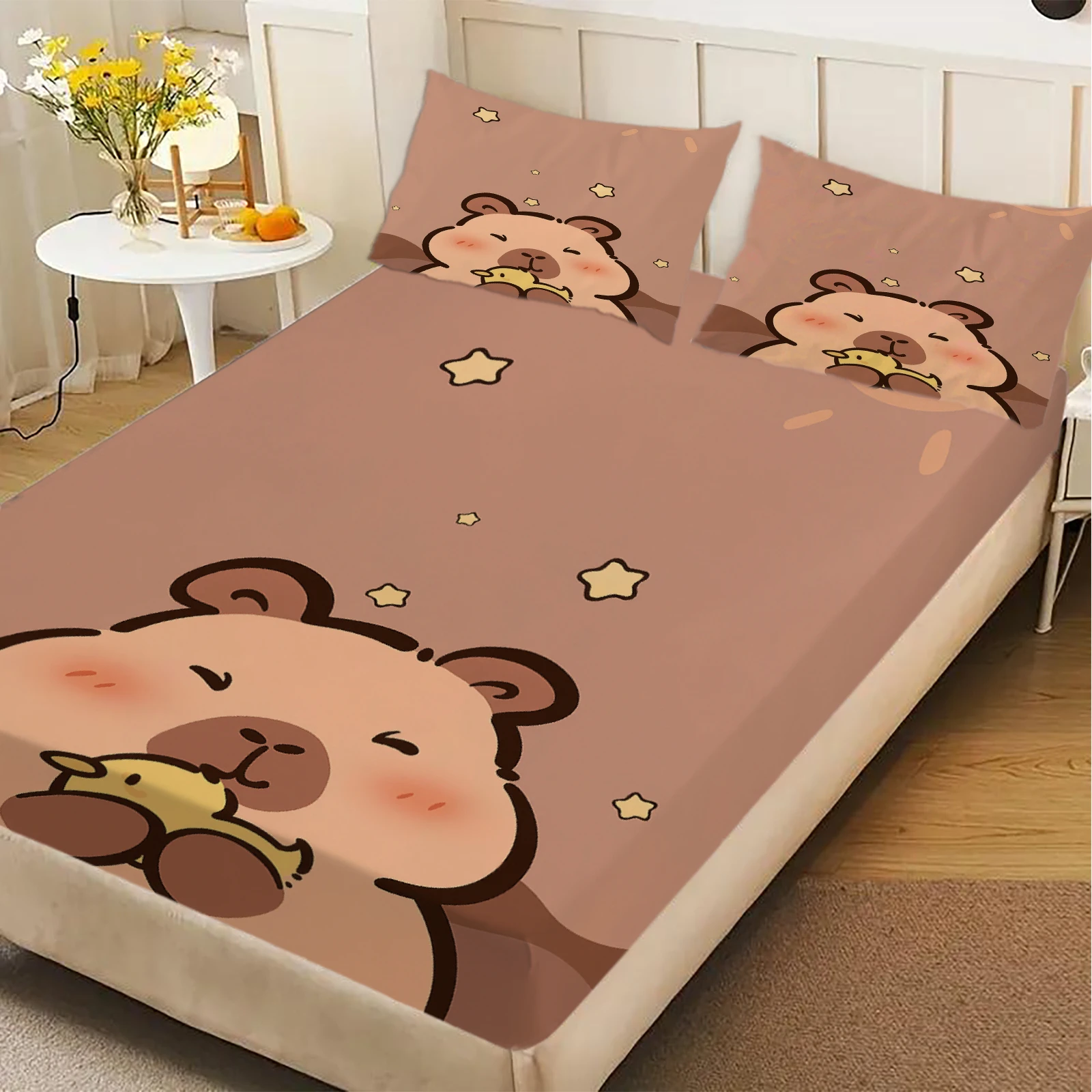 1pc Kawaii Capybara Fitted Sheet Cartoon Print Deep Pocket Elastic Mattress Cover No Pillowcase Twin Full Queen King Bedding