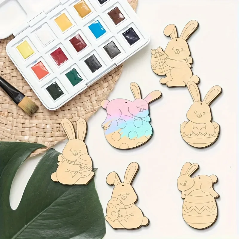 Easter Bunny & Egg Wooden Hanging Decorations- DIY Paint-Your-Own Craft Set with Twine,Colorful Blank Wood Chips for Party Decor