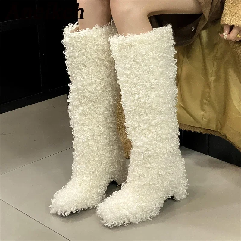 Aneikeh 2025 Winter Flock Party Shoes Long Botas Mujer Autumn Animal Prints Round Toe Square Heel Women Knee-High Boots Classics