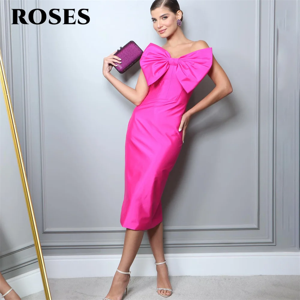 

ROSES Tea Length Trumpet Formal Dresses Fuchsia with Bow Party Dress For Wedding Sleeveless Special Occasion Dresses robe soirée