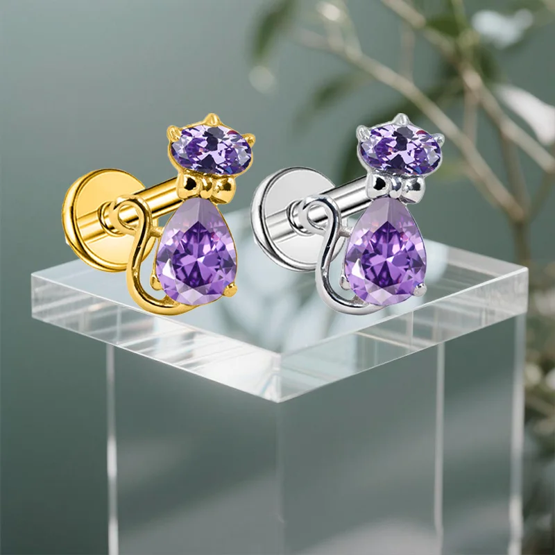 ASTM F136 Titanium Internally Threaded Labret Studs, Cute Cat Purple Teardrop CZ Dangle Cartilage Earrings, Kawaii Helix Tragus