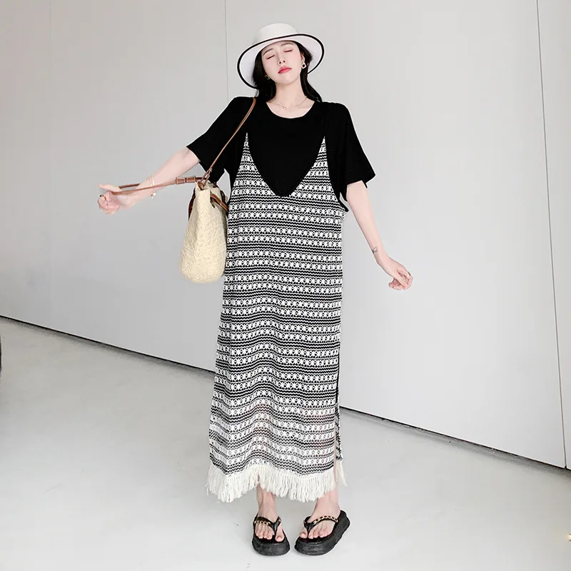 Abito lungo estivo Abito da donna con maniche corte larghe e larghe T-shirt con cinturino appeso Abito con bretelle con nappe a righe Set da due pezzi