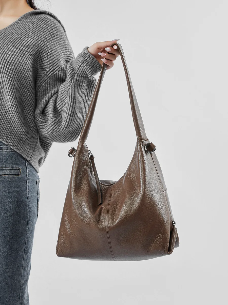 

Натуральная кожа, большая вместительная стильная модная однотонная повседневная сумка через плечо в корейском стиле для женщин