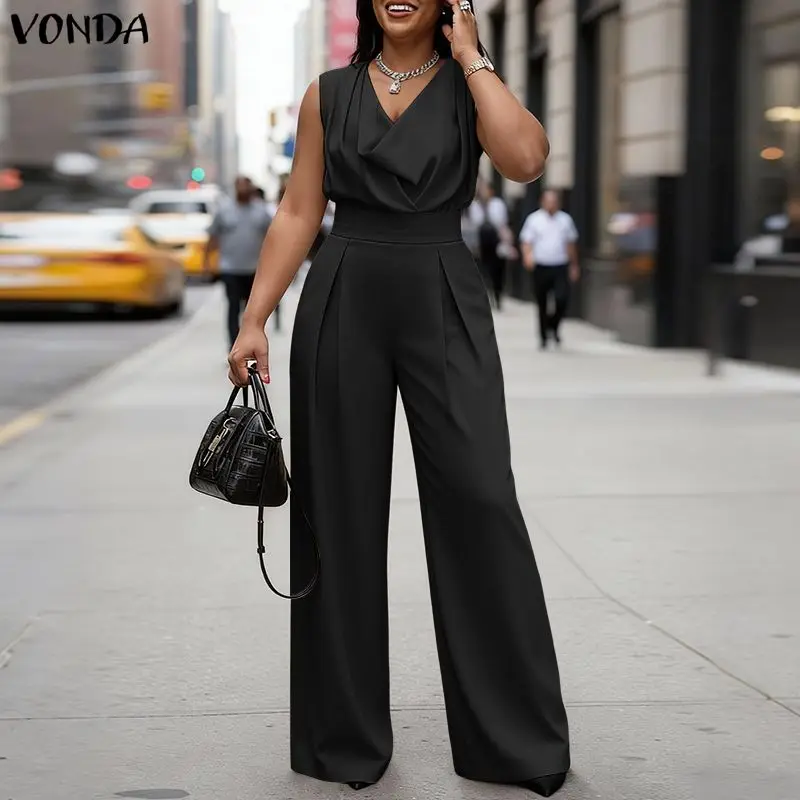 

Summer Women Jumpsuits VONDA Sleeveless Fashion Wide Leg Jumpsuits Rompers Playsuit Elegant OL Work Overalls Solid Trousers