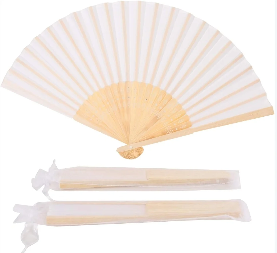 

50pcs White Faux Silk Bamboo Fabric Hand Folding Fans 8.3 inches Length 14.5 inches Width with 50 Gift Bags Dance Props Bride