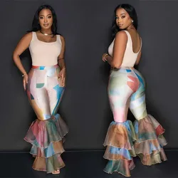 Tie Dye Print Retro Mesh Ruffles Leggings Women Sweatpants 2024 Summer Autumn Fashion High Waist Y2K Flare Pants Female Trousers