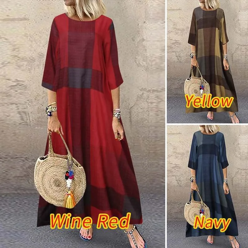 Frauen Plaid Print Maxi kleider Sommer Vintage Halbarm lange Vestidos lässig O-Ausschnitt lange Sommerkleid Urlaub Boho Roben платье