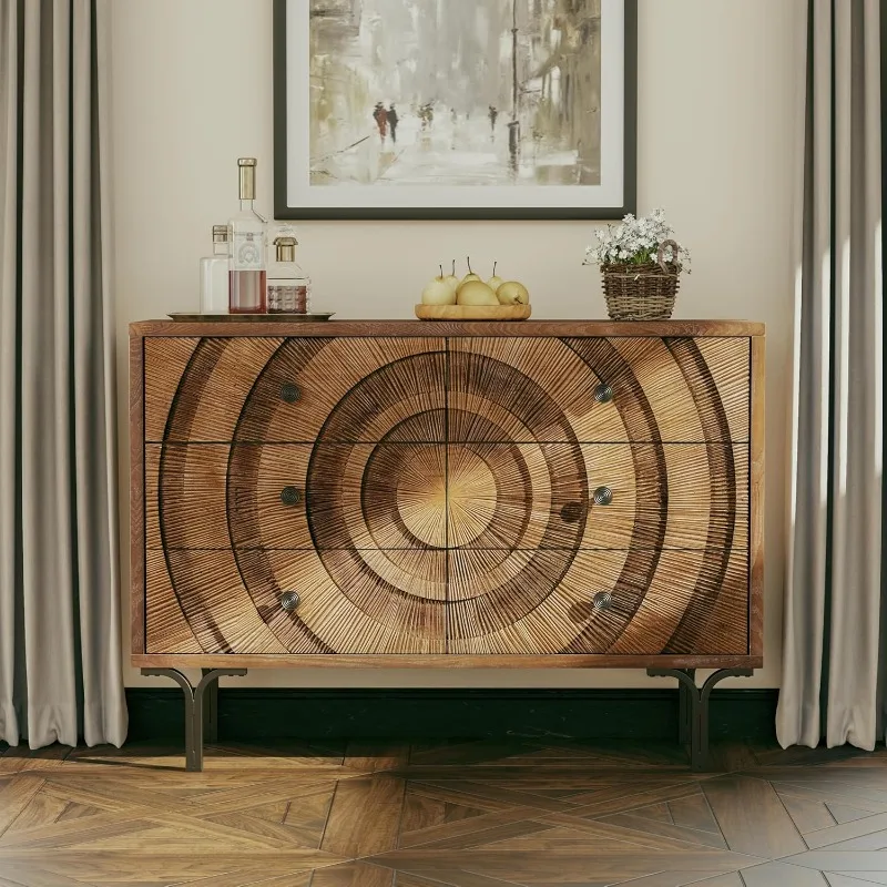 Farmhouse Dresser, Accent Wooden Chest of Drawers with Circle Pattern and Radioactive Wood Lines,