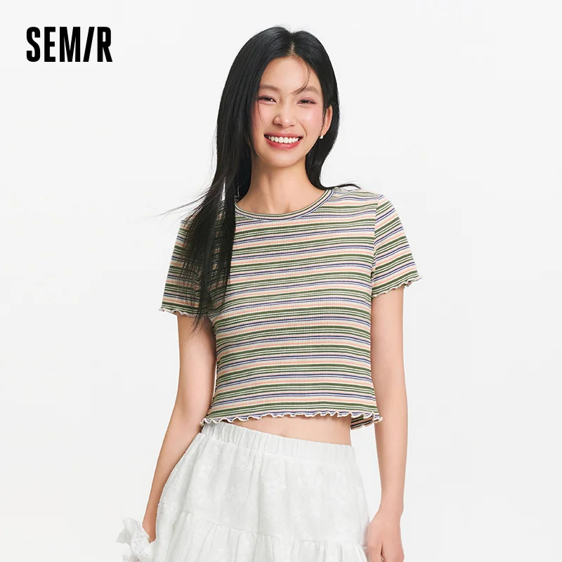 

Semir Short Sleeve T-Shirt Women Short Style with Ruffled Edges Tight Fit 2025 New Summer Style Dopamine Striped Top