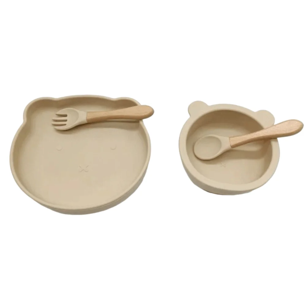

Cartoon Bear Baby Weaning Dishes Set Shatter-proof Anti-Slip Baby Silicone Sucker Plate with Fork Spoon Easy Clean
