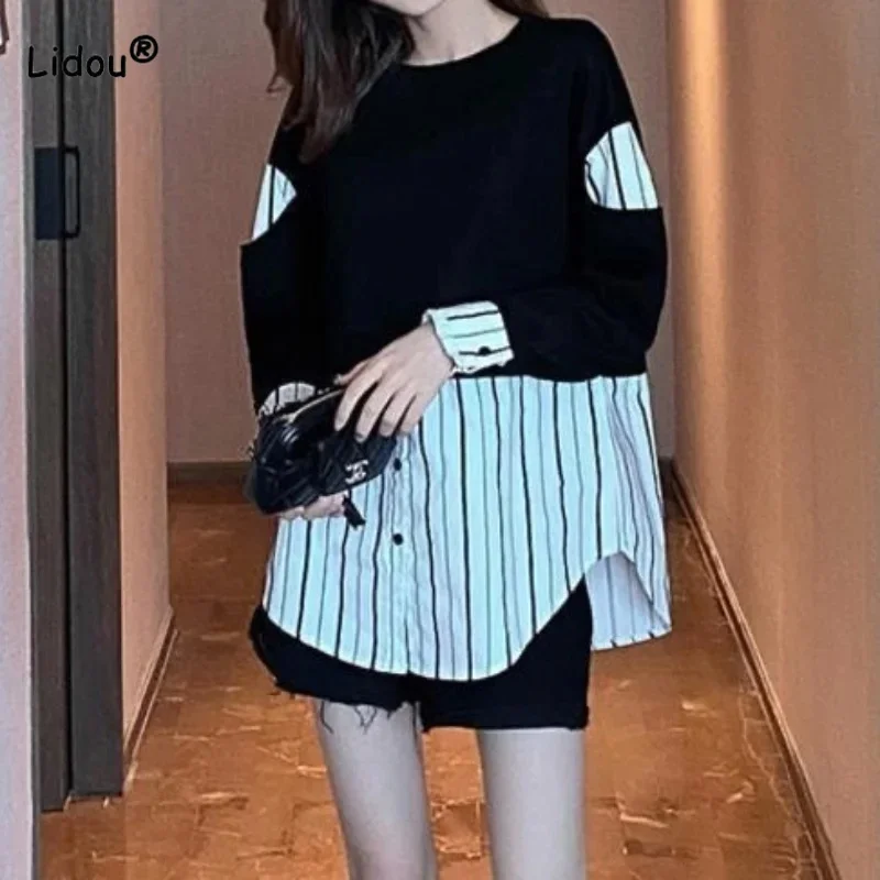 

Loose All-match Striped Patchwork Sweatshirts Spring Autumn Women's Clothing Fashion Two Piece Set Casual Long Sleeve Pullovers