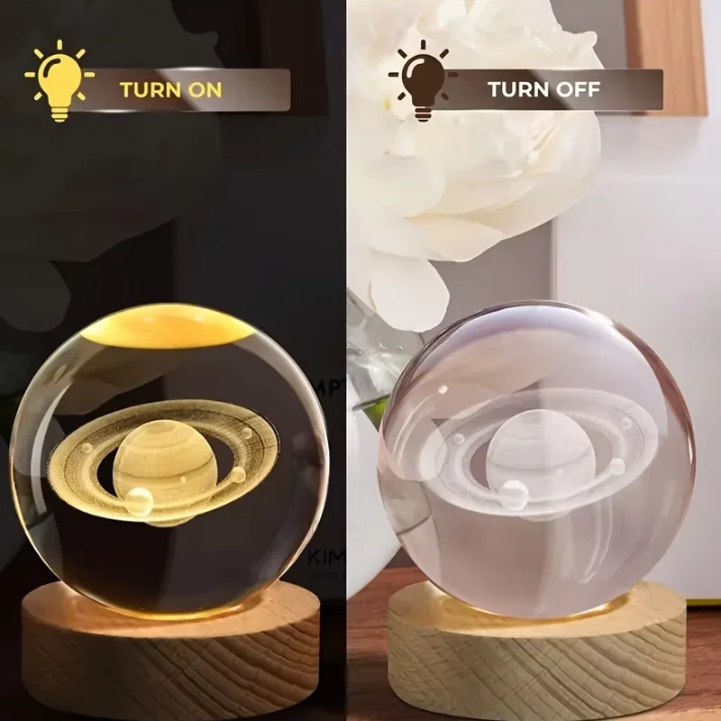 Luminous Crystal Ball LED Night Light Saturn Solar System 3D Moon Table Lamp USB Bedroom Atmosphere Lamp for Birthday Kid Gift