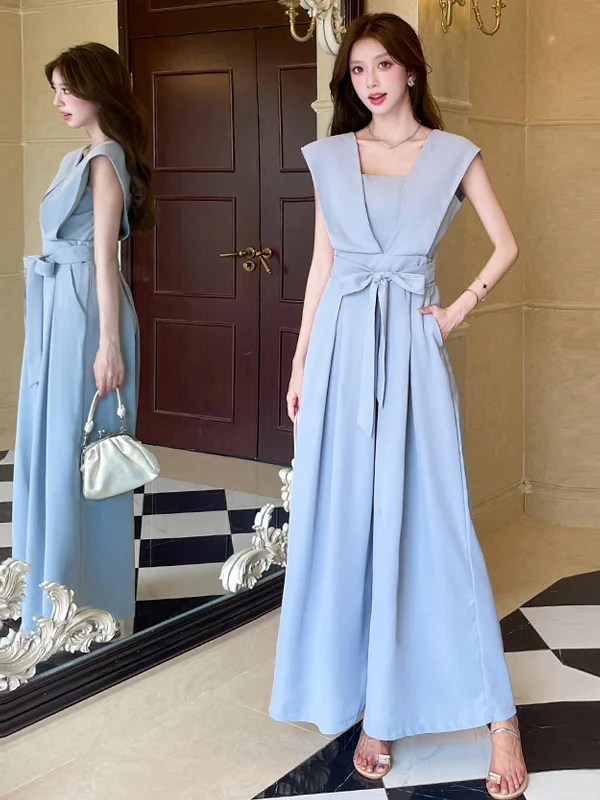 

Ele Knot Design One-Piece Pants High Waist Slimming Faionable Women's Jumpsuit Commute Sle Long Legs Polyes...