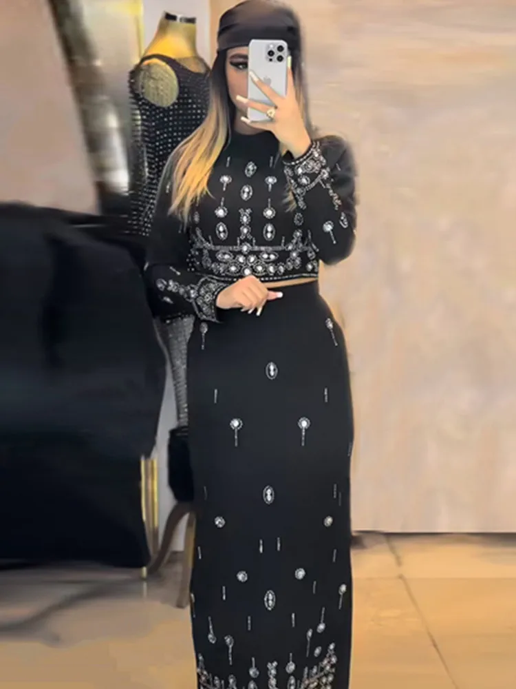 

Women Sexy Long Sleeve Diamonds Black Maxi Long Two Pieces Skirt Bandage Set 2025 Celebrity Designer Fashion Women's Set