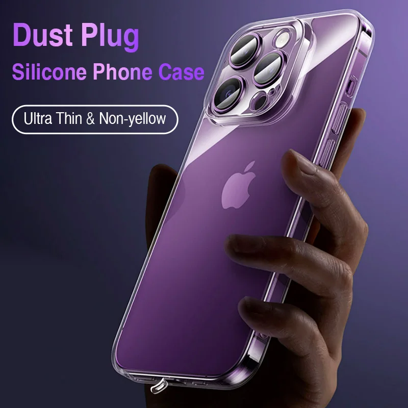 Soft Transparent Cases With Dust Plug For iPhone 15 14 13 12 Mini 11 Pro Max X XR XS 7 8 Plus SE2 SE3 Thin Conque TPU Capinhas