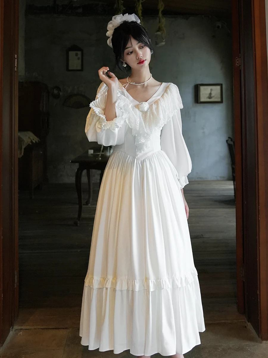 TIYIHAILEY Frühling Herbst Frauen Satin Spitze Kleid Laterne Hülse Lange Maxi Damen S-XL Vintage Hohe Taille 2025, Neue V-ausschnitt weiß