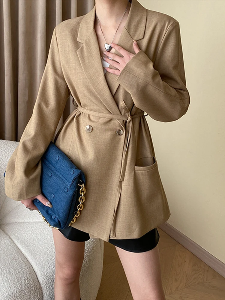 [LANMREM] Lace-up Gathered Waist Blazers Women's Double Breasted Office Lady Loose Coats Fashion 2024 Autumn New 26D9675