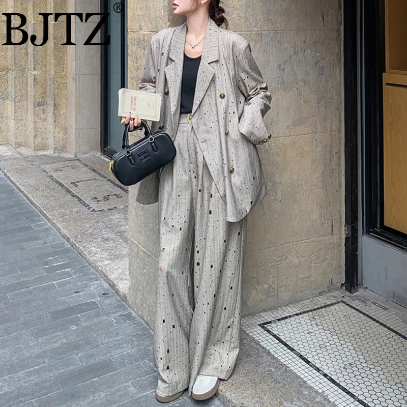 

BJTZ Fashion Designer Polka Dot Blazer Two Piece Set For Women 2025 Spring Autumn New Trendy Loose Office Lady Female Sets