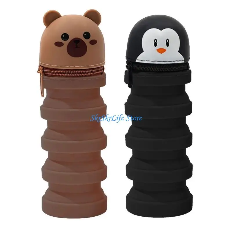 E65E 2Pcs Cartoon Pencil Case Telescoping Silicone Pen Case Pen Holder Zippered Pen Pouches for Student Kid Girl School