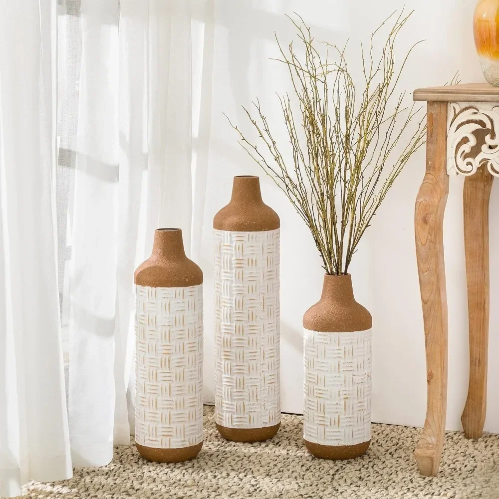 

Floor Vase for Decor Set of 3 Tall Terra Cotta Texture Metal Flower Vase for Dried Artificial Flower Large Farmhouse Metal Vase