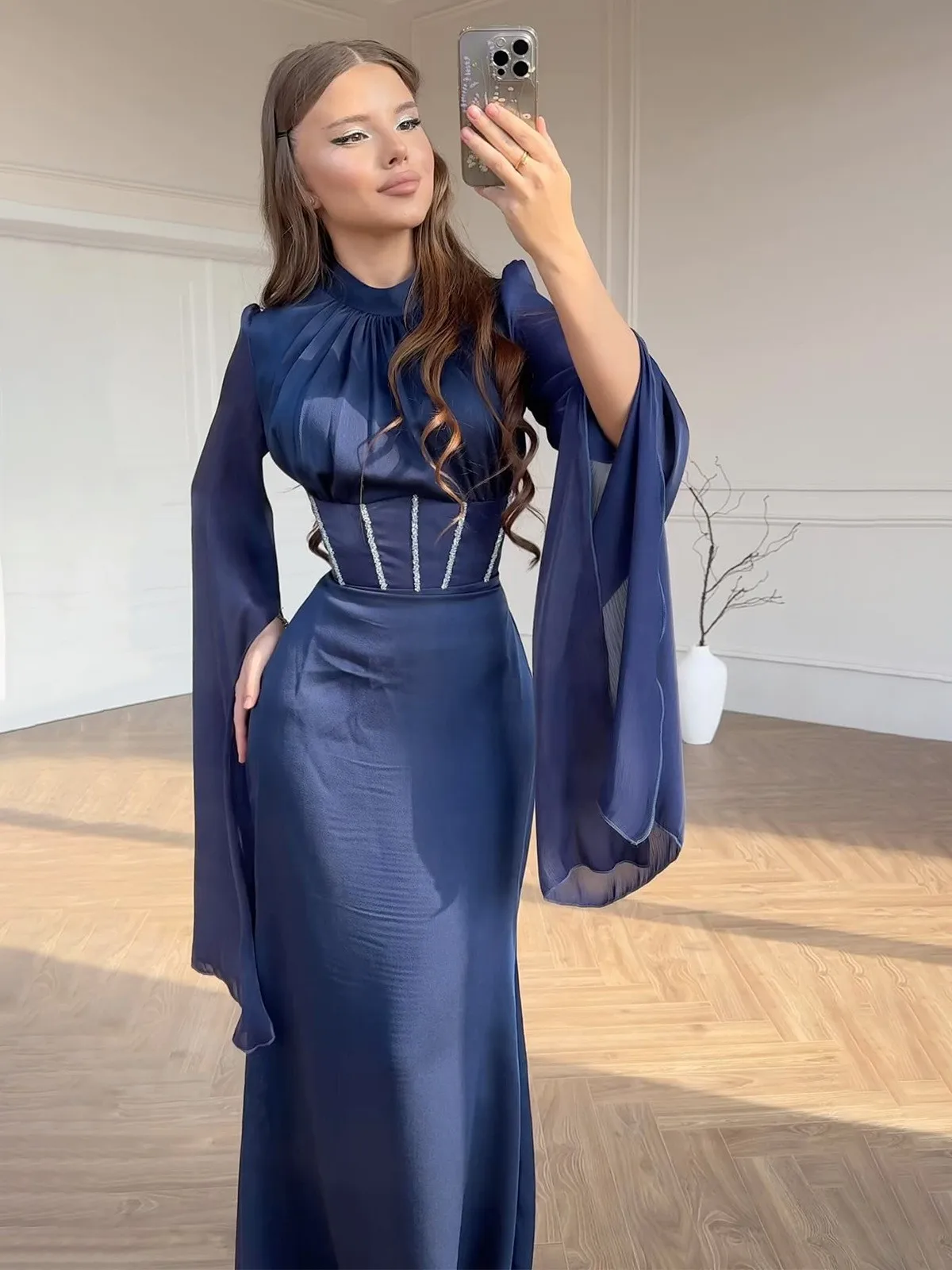 Long Sleeve Mid Waist Dress Slim Fit with Fitted Silhouette Round Neck Elegant Ladylike Socialite Style Spring for Women