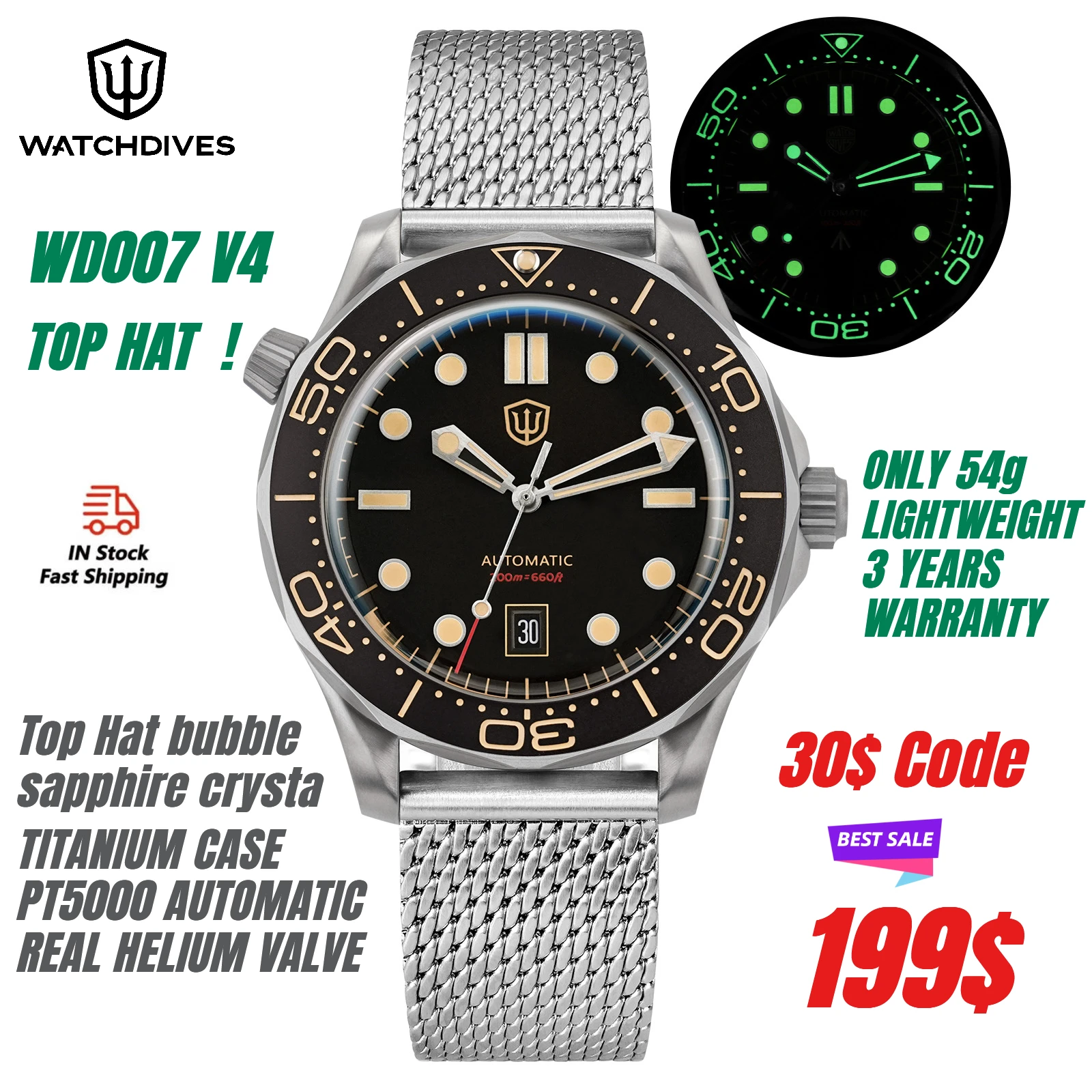 Watchdives WD007 V4 42mm Titanium Automatic Dive Watch PT5000 Movement Sapphire Crystal BGW9 Lume 120 Click Bezel