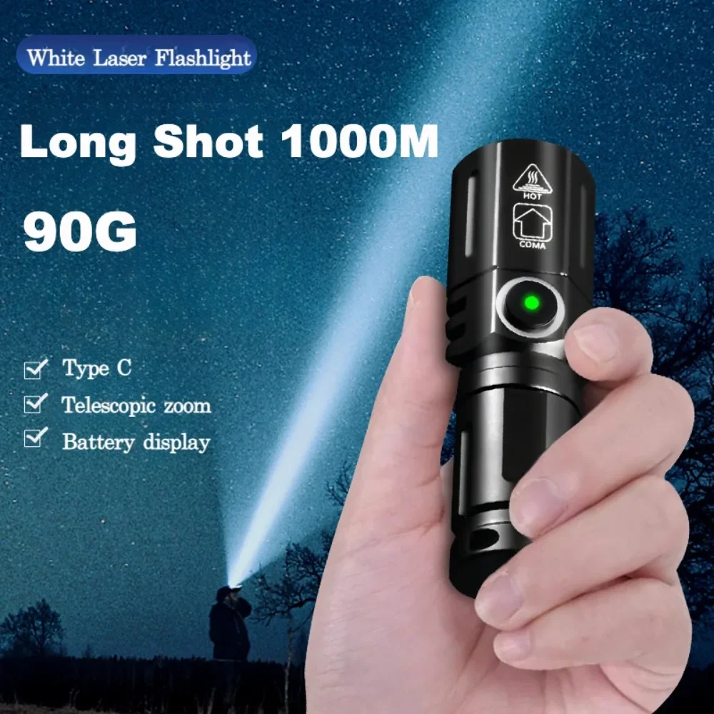 Portable Mini White Laser LED Flashlight Type C Rechargeable Outdoor Pocket Torch Lamp Use 16340/18650 Battery for Camping