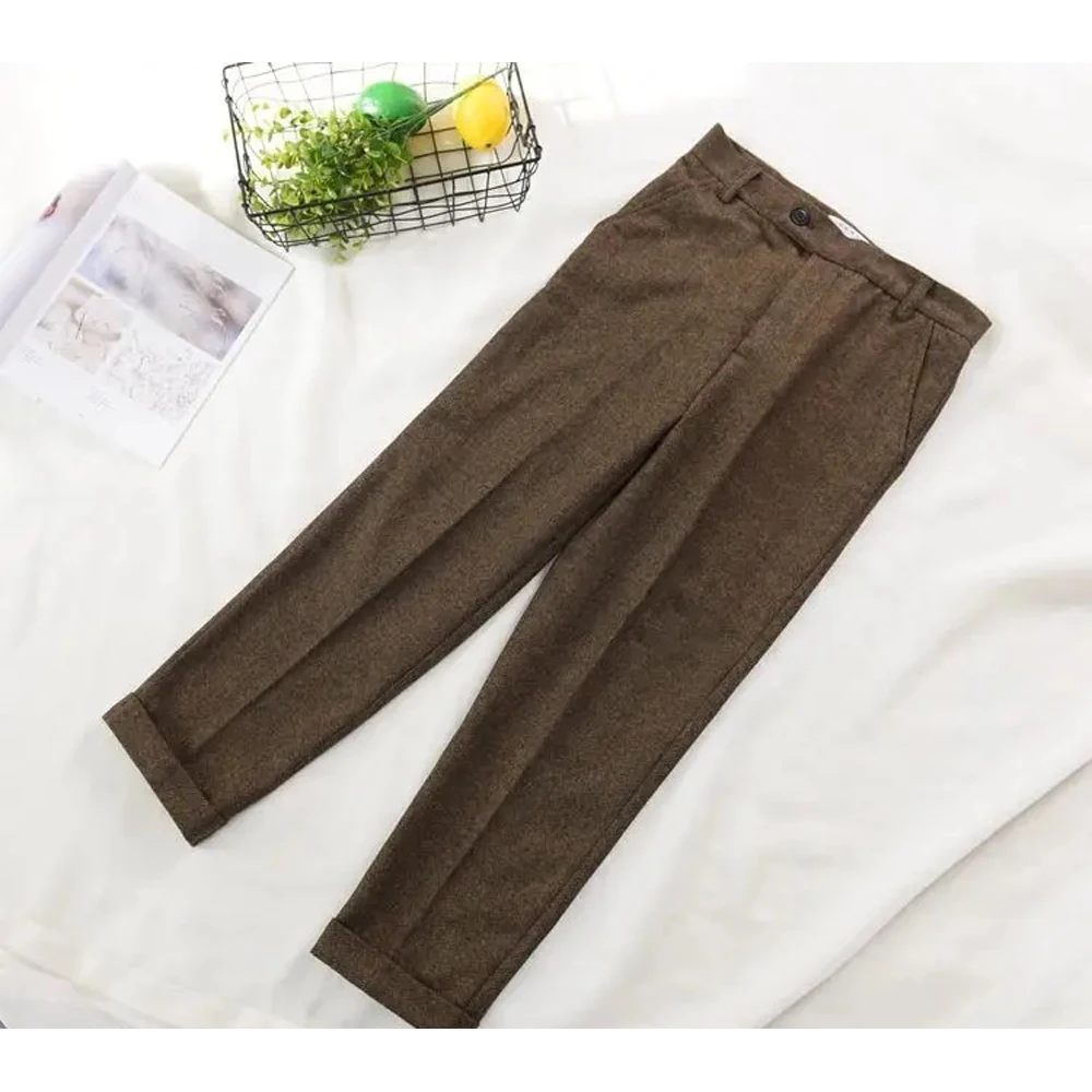 2023 Men Pants Autumn Winter Retro Wool Herringbone Business Casual Trousers Wear Pants Men Male Formal Tweed Straight Pants