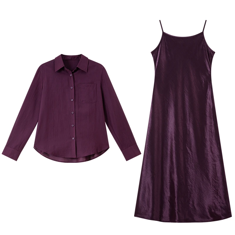 VIMLY الفرنسية فستان أنيق مجموعة للمرأة 2025 الخريف جديد عادية الصلبة قمصان طويلة الأكمام معاطف ميدي فضفاضة تناسب زلة فستان A3052