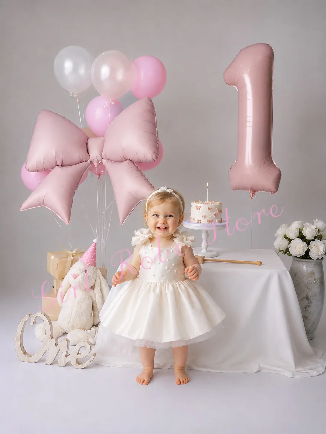 Baby Flower Girl Dress High Quality Satin Knee Length Pearls With Bow Lovely Infant First Birthday Party Banquet Gown Customized