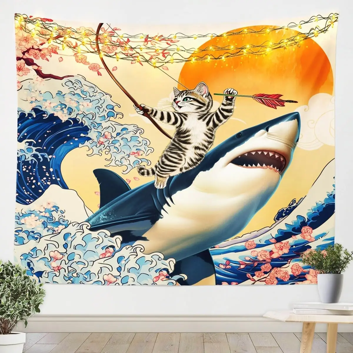 Kids Funny Tapestry for Bedroom Aesthetic for Bedroom Cat Riding Shark Tapestries, Japanese Style Wall Hanging Oriental Asian