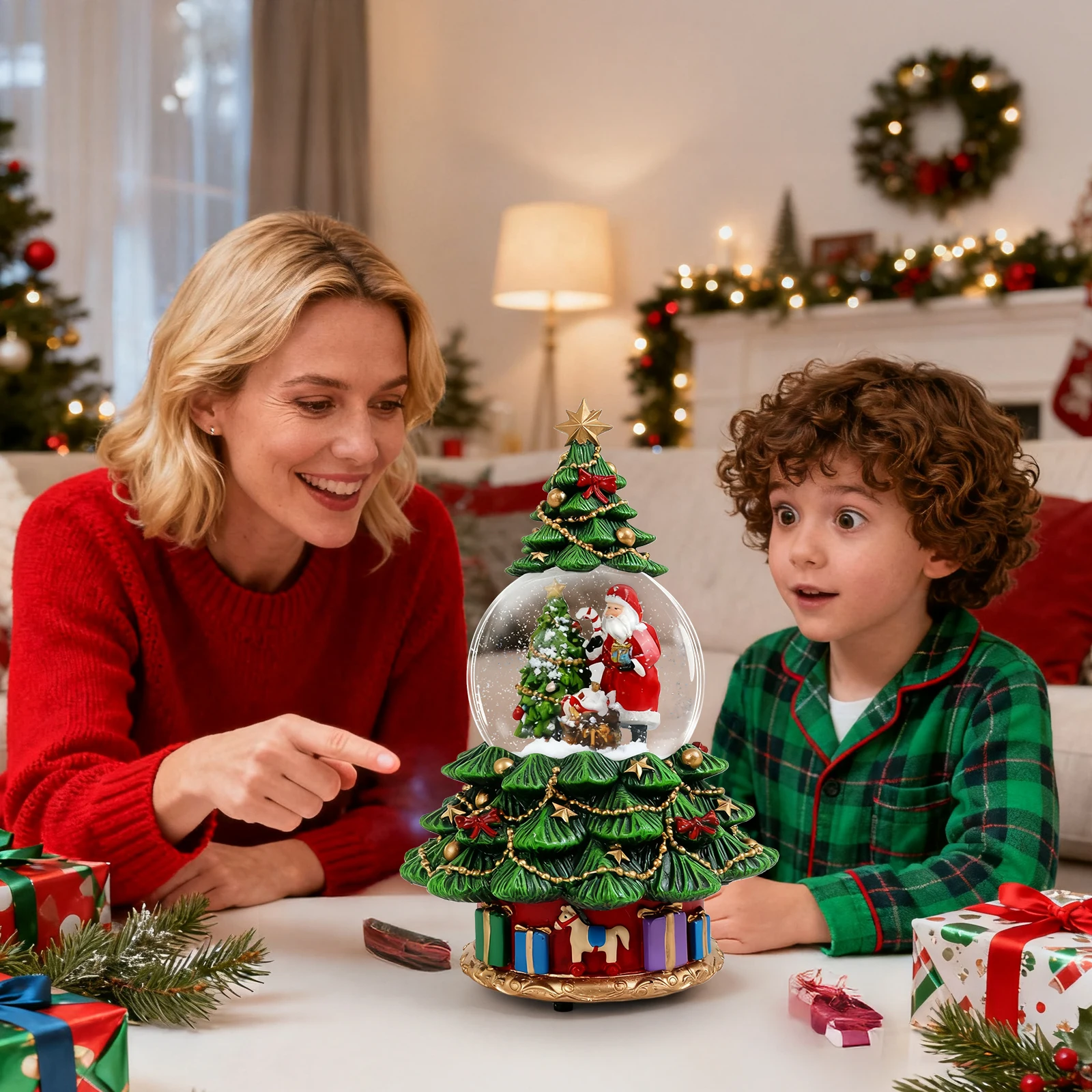 

Elegant Christmas Tree Design Music Box Artisan Snowball & Santa Claus Figure Holiday Centerpiece Decor