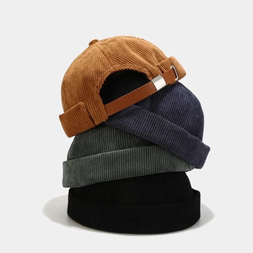 

Multipurpose Solid Color Corduroy Brimless Hat Adjustable Round Dome Melon Cap Comfortable Leather Buckle Hip Hop Hat Outdoor