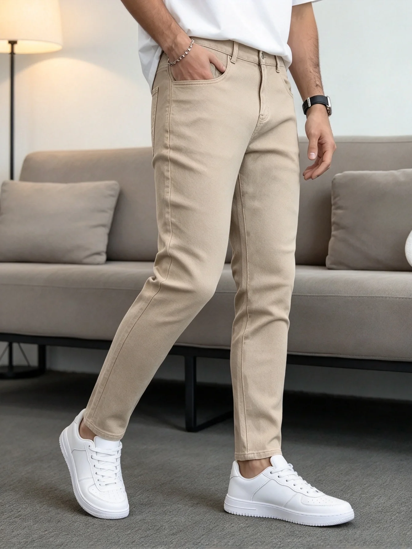 Vintage Y2K Trendy Khaki Slim Denim Jeans for Men Nostalgic Streetwear Trousers Lovely Gift for Lover