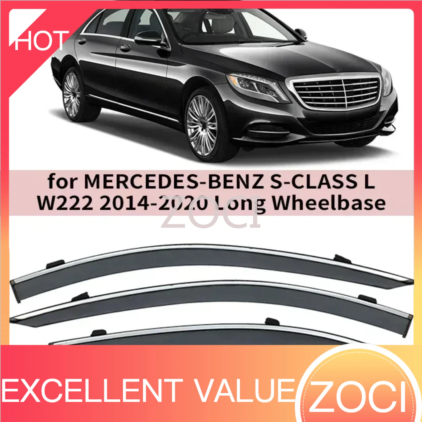 Protectores de Lluvia ZOCI para MERCEDES-BENZ Clase S L W222 2014-2020 LWB, Visera para Ventana, Deflectores de Viento, Visera para Puerta, Persianas con Franja Cromada