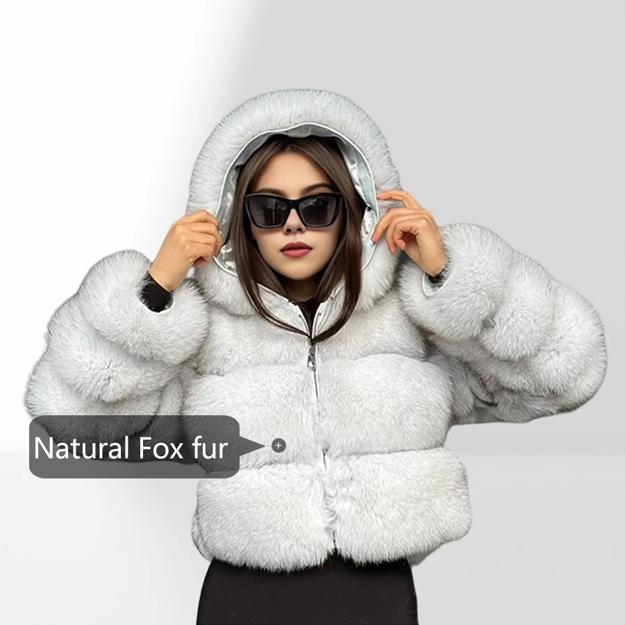 White Winter Fox Fur Jacket For Women Short Real Fox Fur Jacket With Hood Bomber Jacket Luxury High Quality Natural Fur Coat