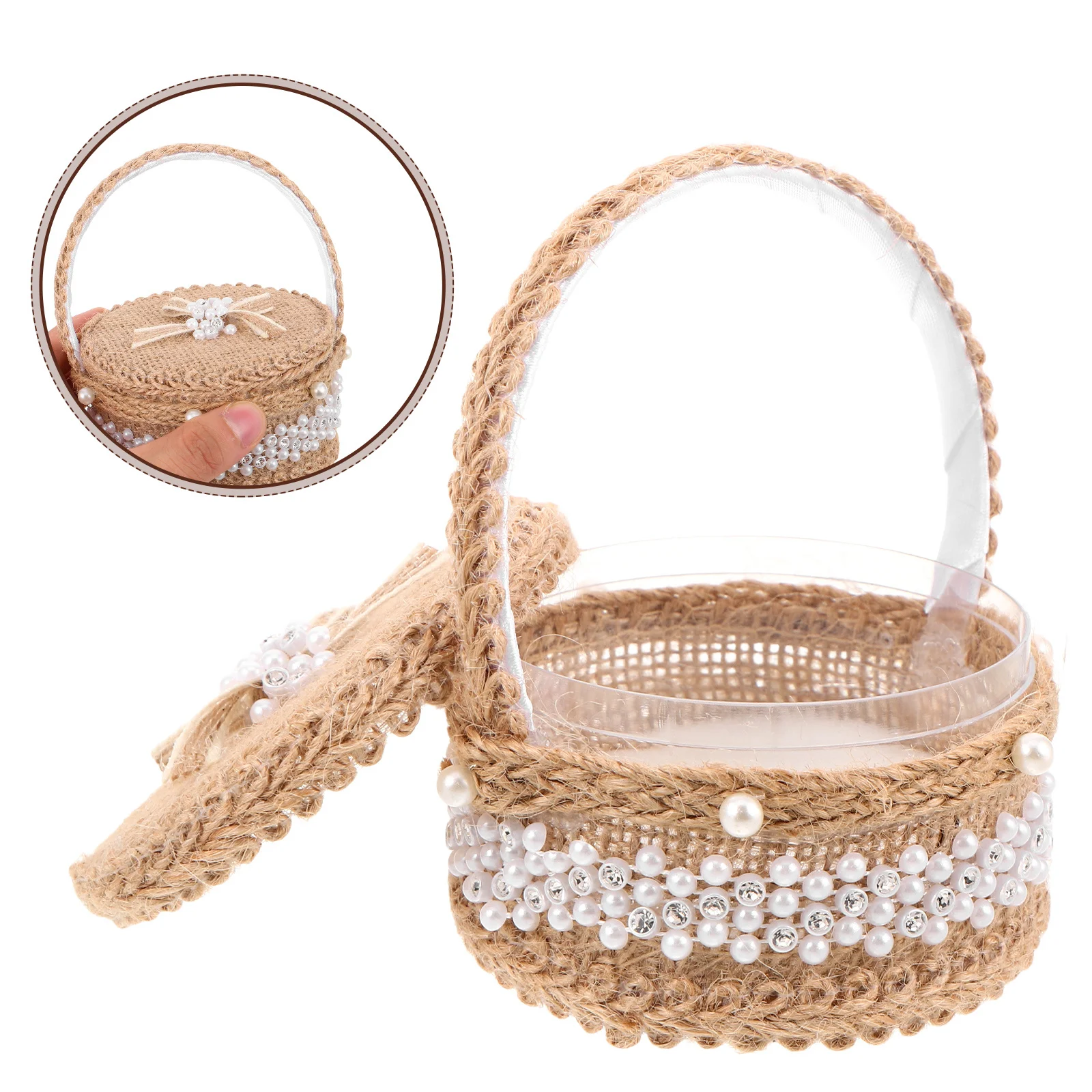 

Элегантная джутовая ткань, корзина для обручальных колец со стразами, деревенский держатель для обручальных колец, маленькая корзина с цветком, свадебная церемония