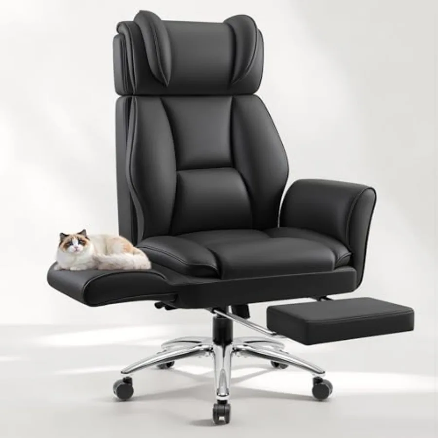 Big and Tall Office Chair for Home Office Gaming, Premium Leather, Black, Flip Armrests for Pets Cross-Legged Sitting, Ergonomi