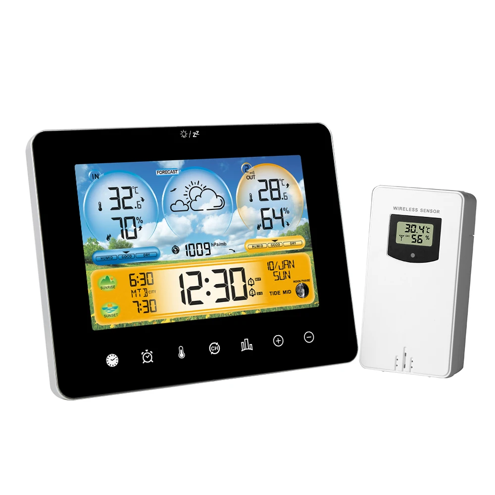 Weather Station Thermometer Hygrometer Wireless Alarm Clock Digital Wall Desktop Sunrise Sunset Time Barometer USB Battery Tool