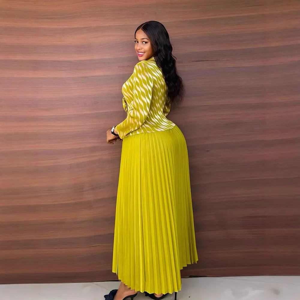 Miyake จีบกระโปรงชุดผู้หญิง 2025 ใหม่ Gold-Plated Lapel 2 ชิ้นชุดแฟชั่นหลวมขนาดใหญ่พับกระโปรง