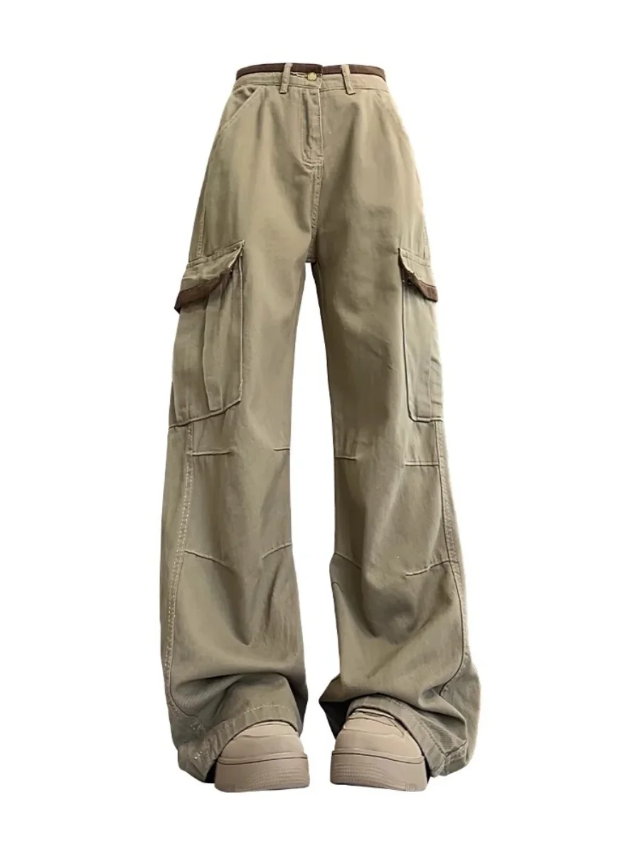 النساء الرجعية ملابس العمل الدنيم السراويل ربيع الخريف شارع العليا تصميم فضفاض واسعة الساق بناطيل كاجوال متعددة جيب الجينز للإناث #4