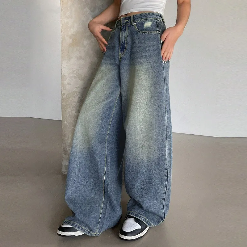 

UNITIM Female Wide Leg Pant American Retro Contrast Color Lady Denim Pant Loose Pocket Hole Casual Women Full-length Pant
