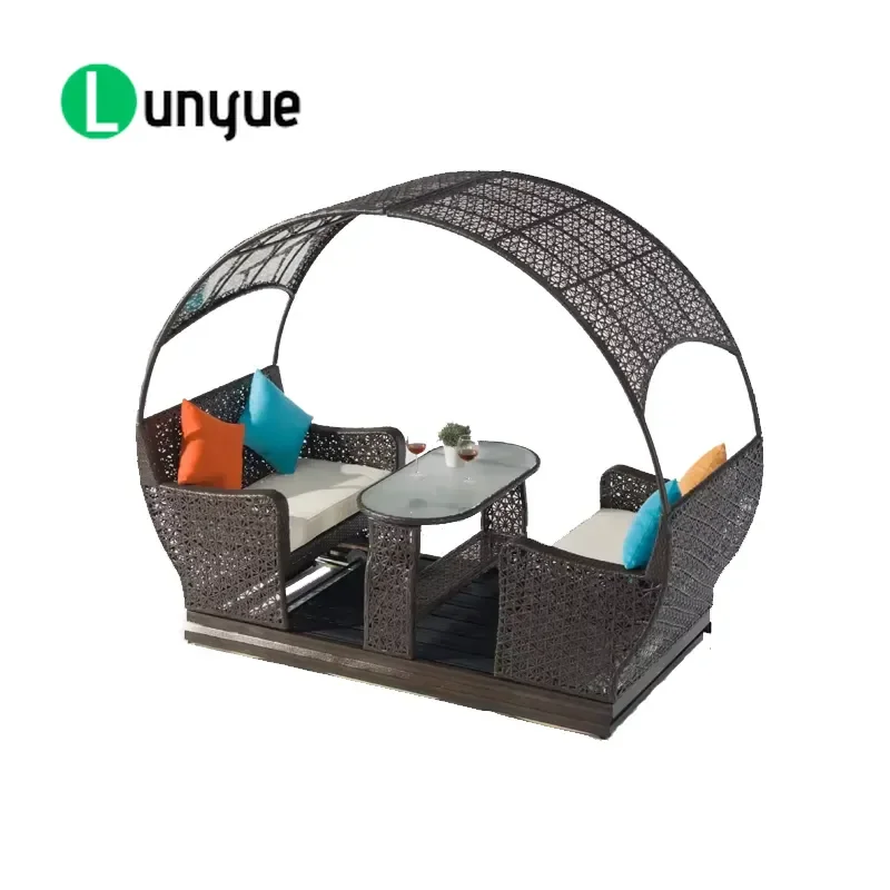 Modern White Brown 4 Seater Aluminum Frame Rattan Outdoor Rocking Chair Waterproof With Canopy Seat Cushion For Garden Patio