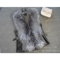 Silver Fox Fur Vest Real Fur Vest With Leather Women Winter Fox Fur Gilet 2024 New Fashion Luxury Womens Clothing