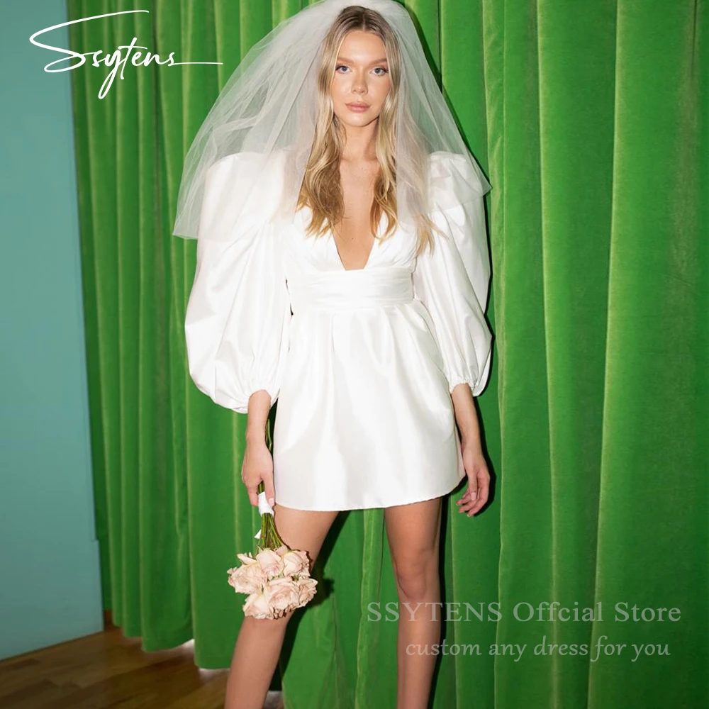 

SSYTENS Sexy Short Mini Wedding Dresses Long Puff Sleeves With Bow Bridal Gowns Deep V Neck Custom Above Knee Beach Party Gown