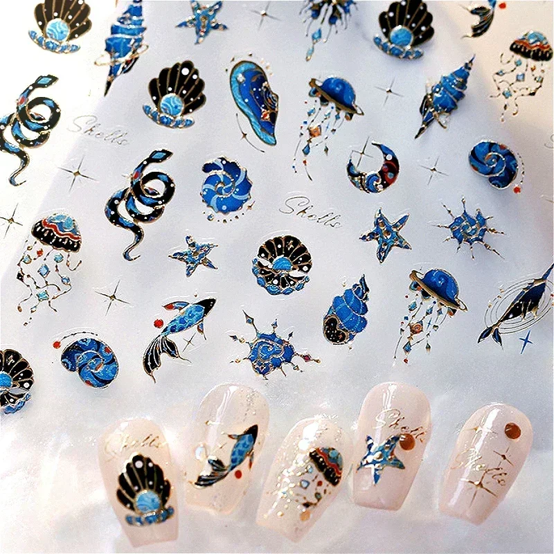 Ocean Jellyfish Snake Koi Fish Star Moon Shell Nail Art Sticker Totem Gems Conch Starfish Dragon Phoenix Crane Manicure Decal